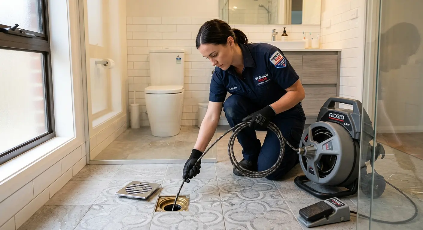 Technician clearing a bathroom floor drain for Drain Cleaning in Edgartown